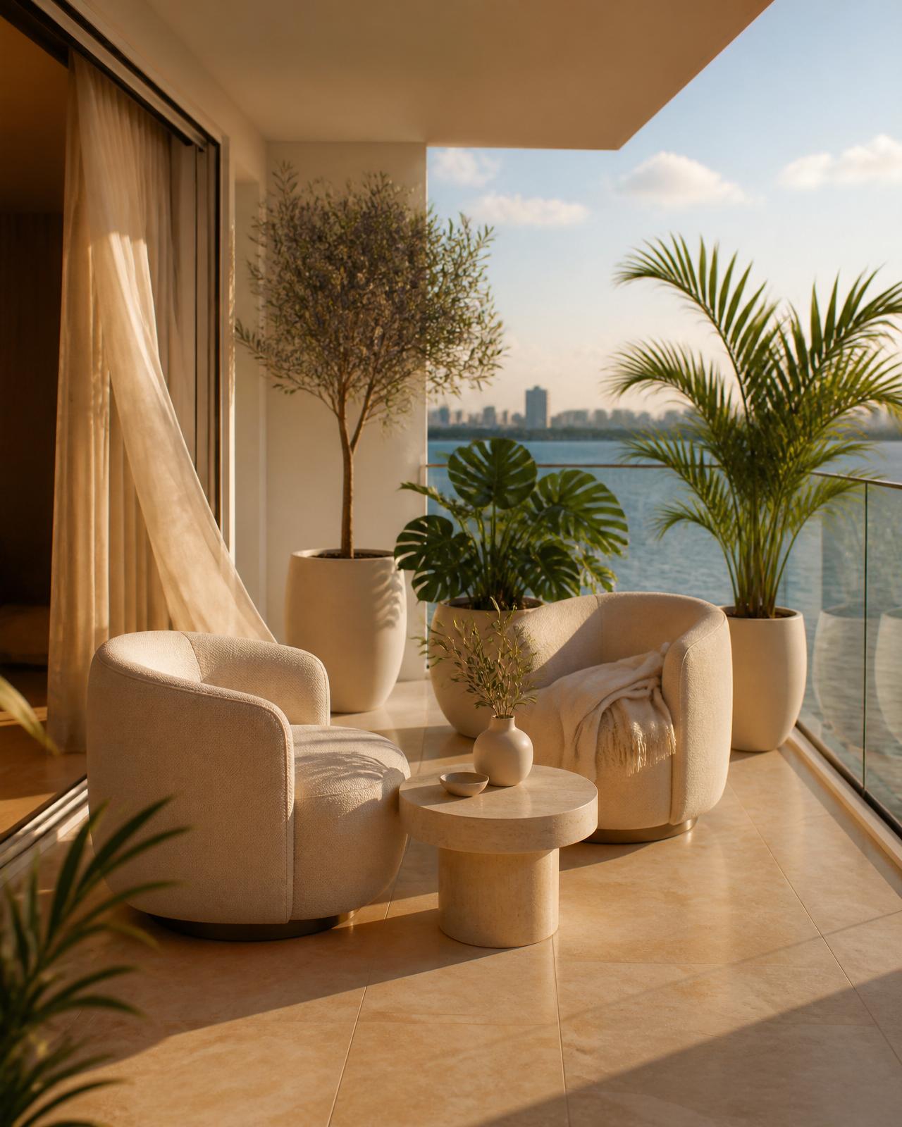 Warm Miami balcony lounge overlooking Biscayne Bay