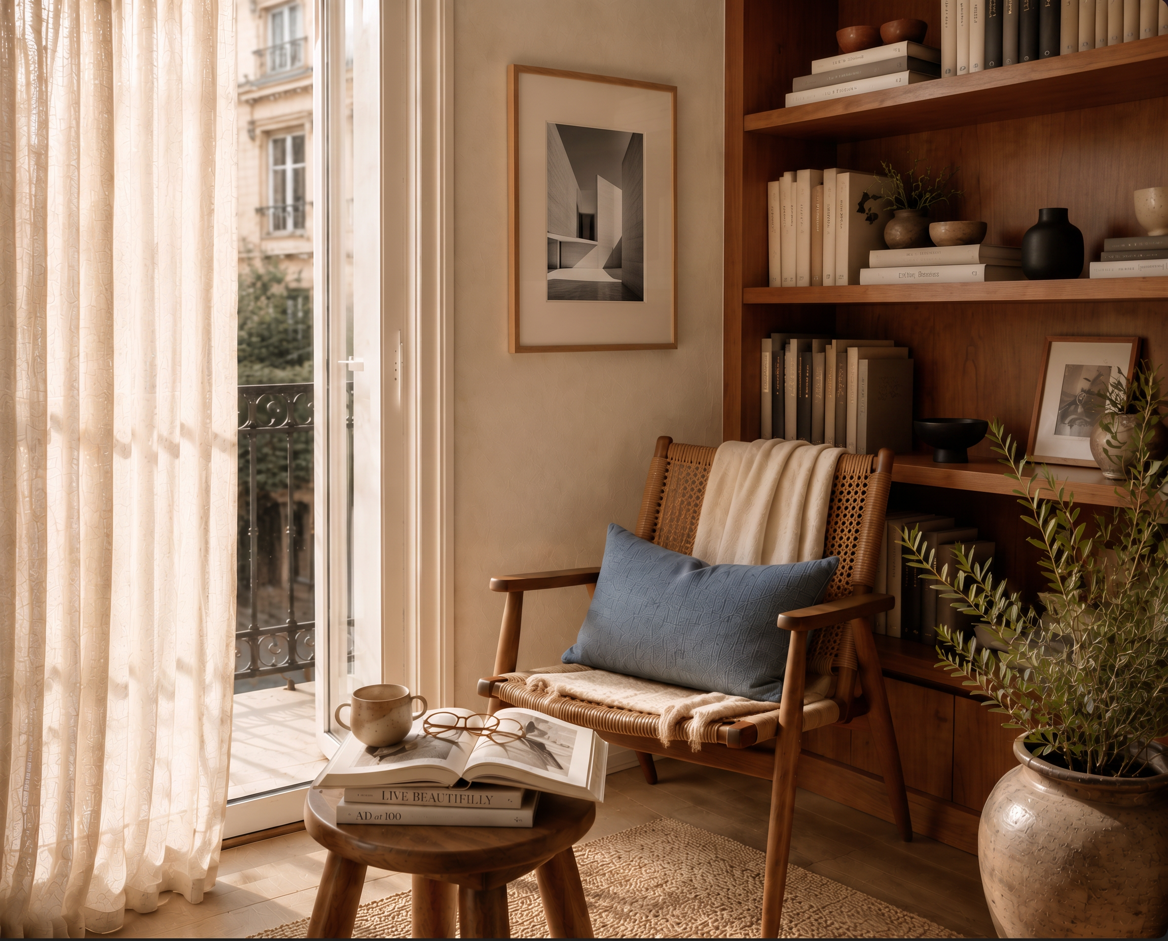 Sunlit Mediterranean interior with stone arches and olive branches